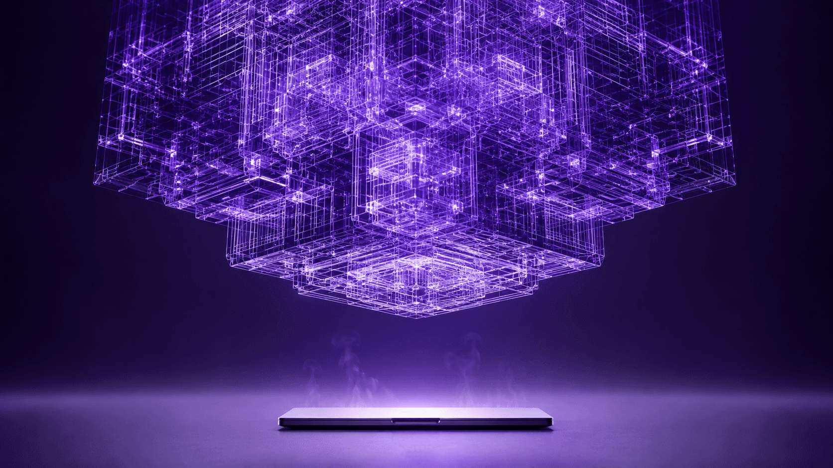 Massive 3D wireframe looming over a thin laptop, showing the GPU limits of a MacBook