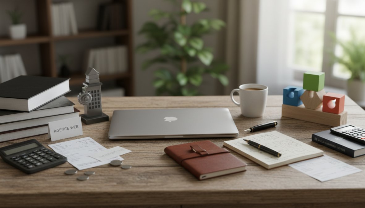 Un freelance web designer assis à un bureau en bois, travaillant sur un MacBook avec une maquette de site web visible à l'écran, un carnet de notes et un café posés à côté, lumière naturelle en journée depuis une fenêtre latérale