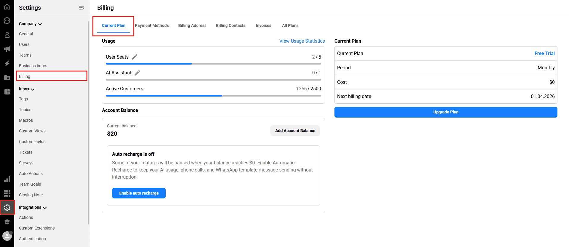 A screenshot showing the Qpien left sidebar with the path Settings > Company > Billing highlighted