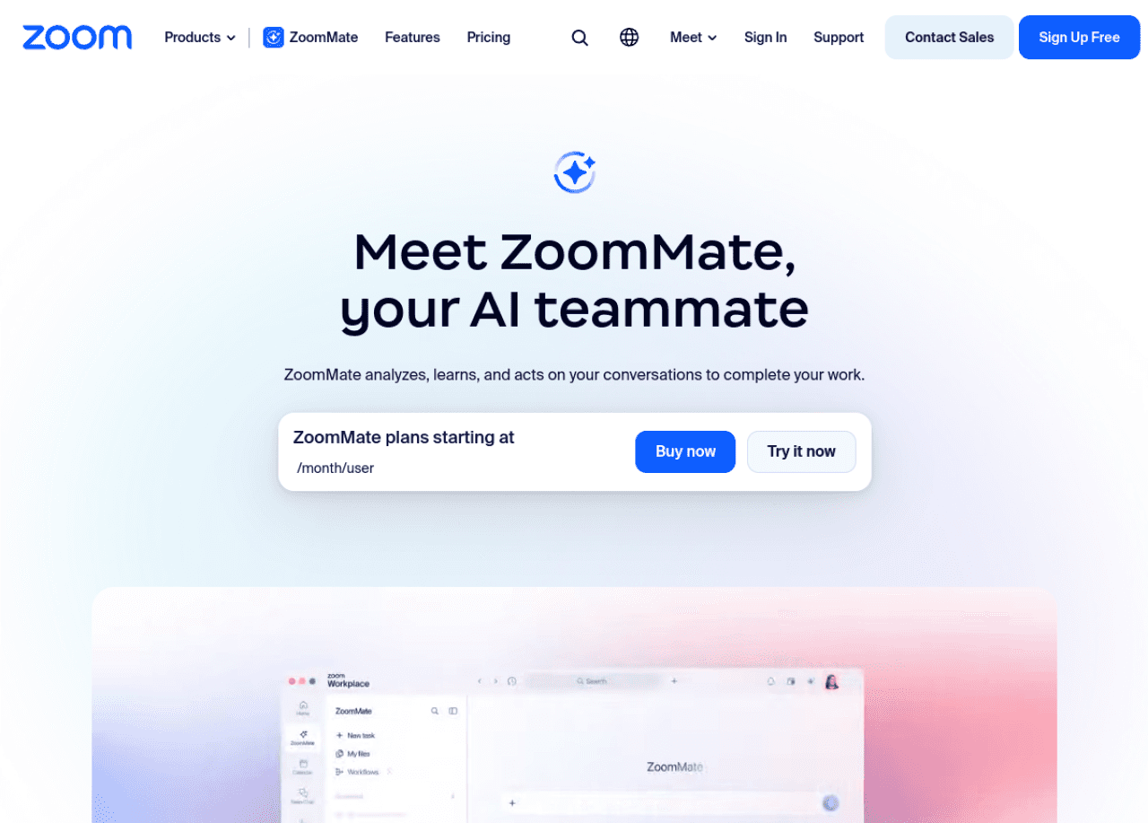 Zoom AI homepage, the Zoom environment that houses Revenue Accelerator conversation intelligence