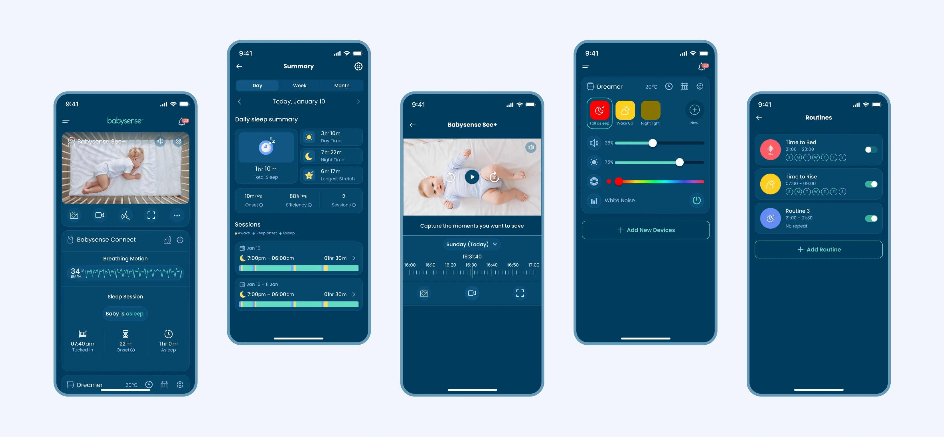 Mockups of babysense mobile app