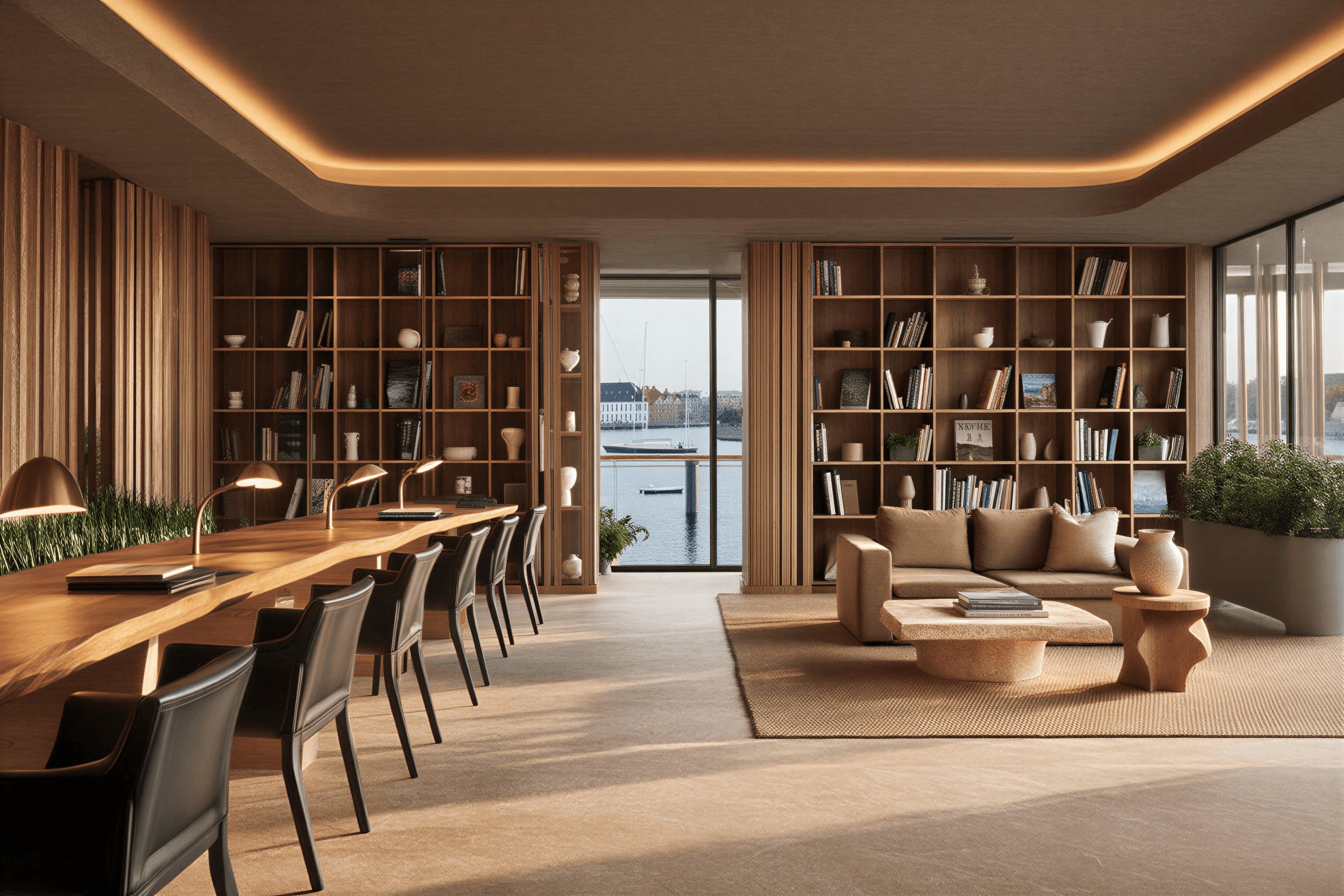 Library or study space with wall shelving and contemporary seating