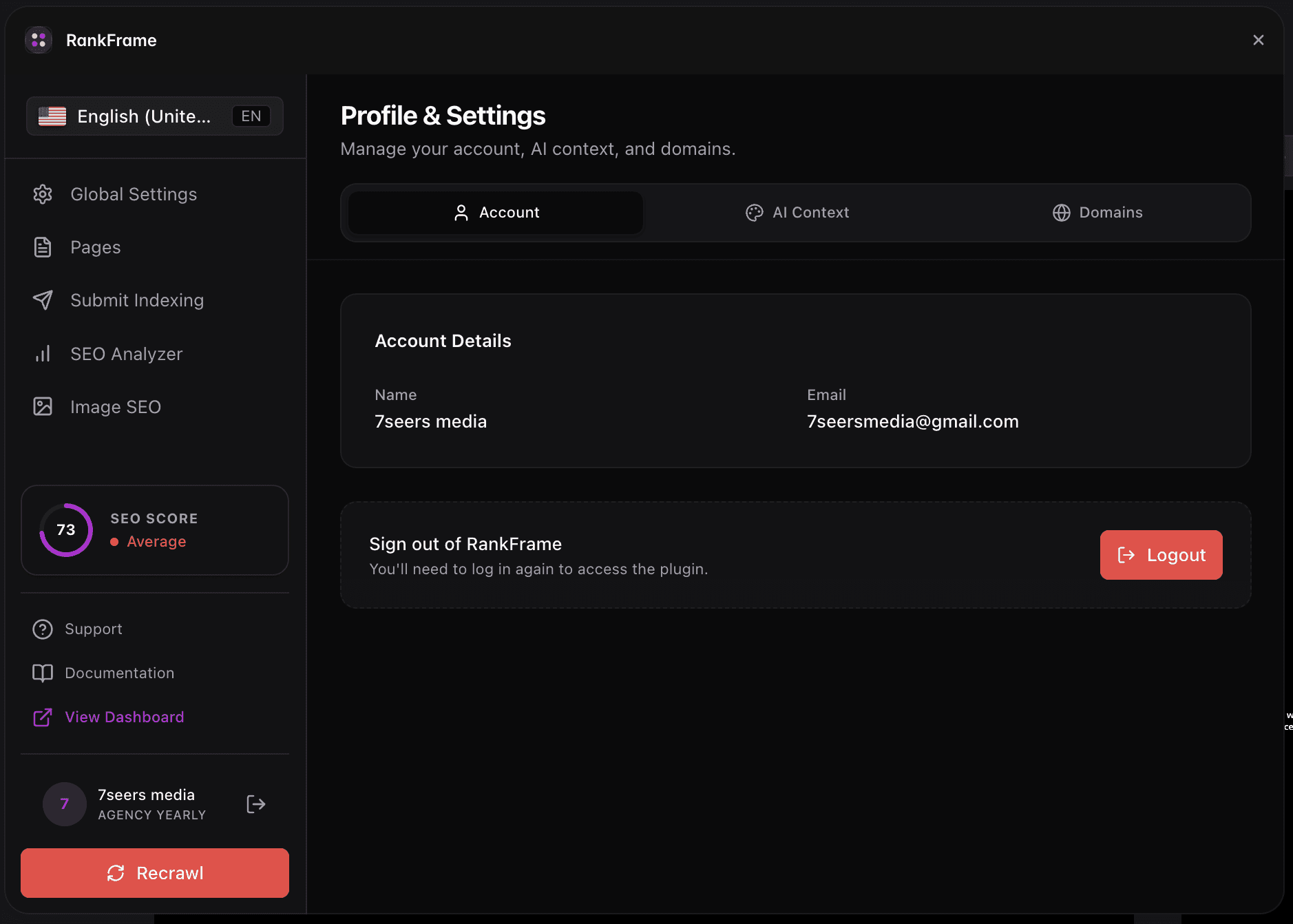 Account Settings overview in RankFrame