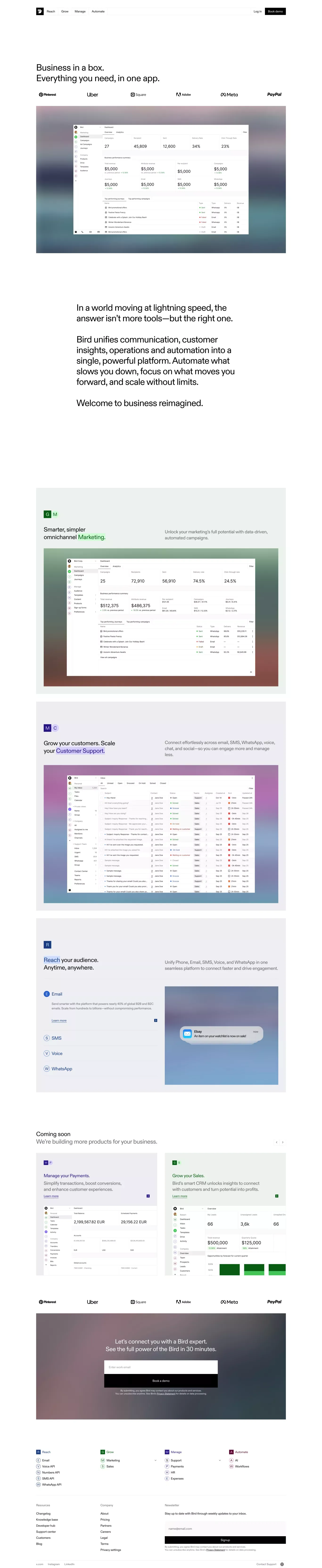 Bird landing page screenshot showcasing Finance and Marketing design