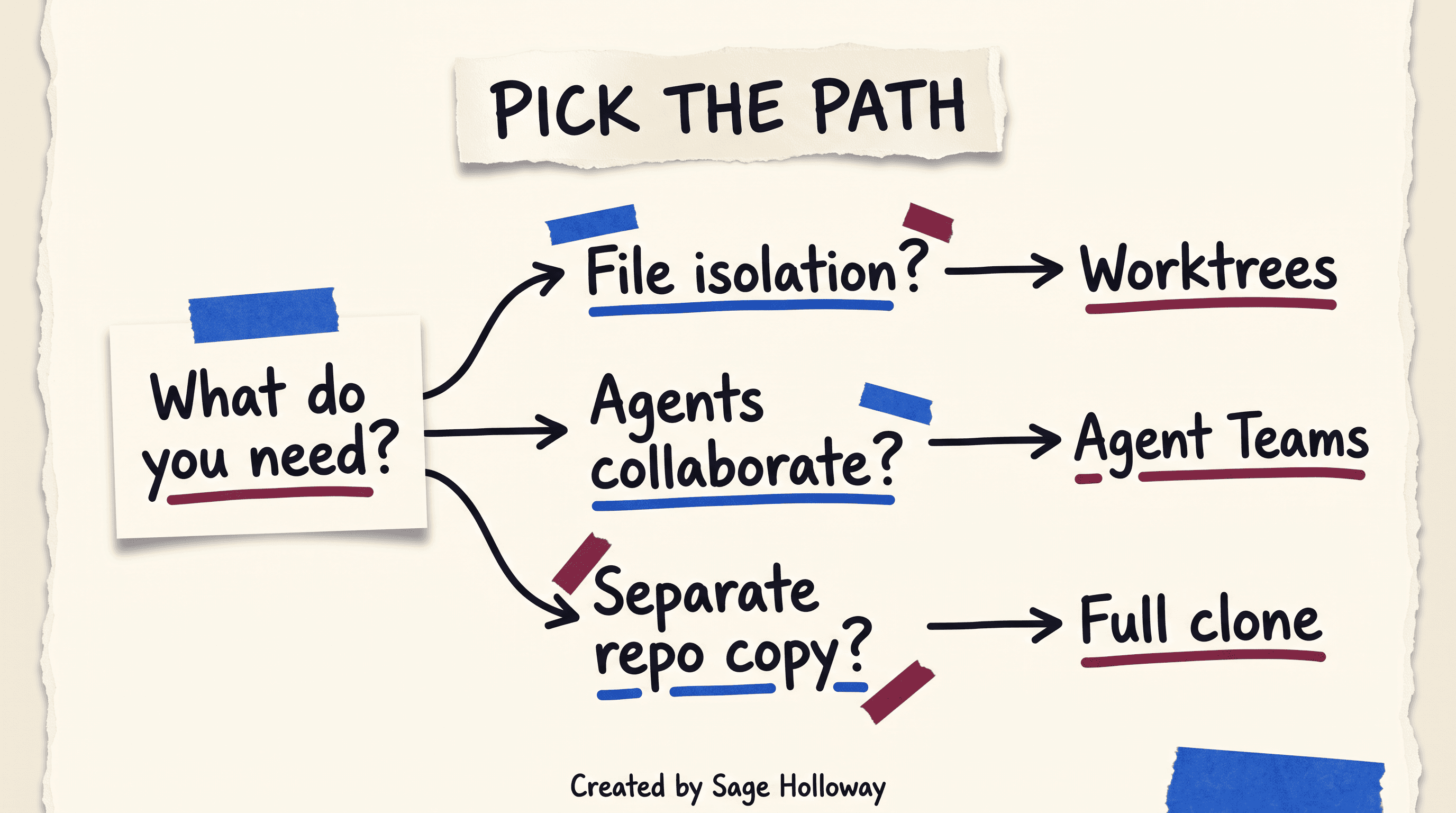 Scrapbook decision diagram for when to use Claude Code worktrees versus Agent Teams versus full repository clones