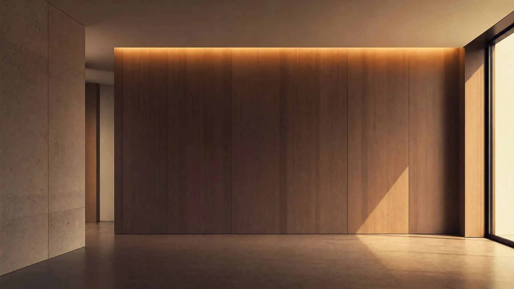 Minimalistischer Innenraum mit Holzwand, großem Fenster, weichem Tageslicht und leicht bewegtem Vorhang.