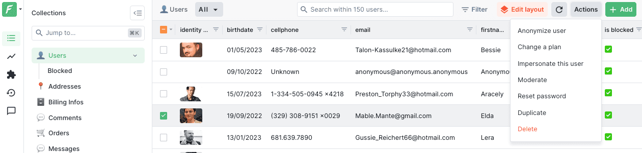 A screenshot from one of Forest Admin live demos presenting a list of custom actions.