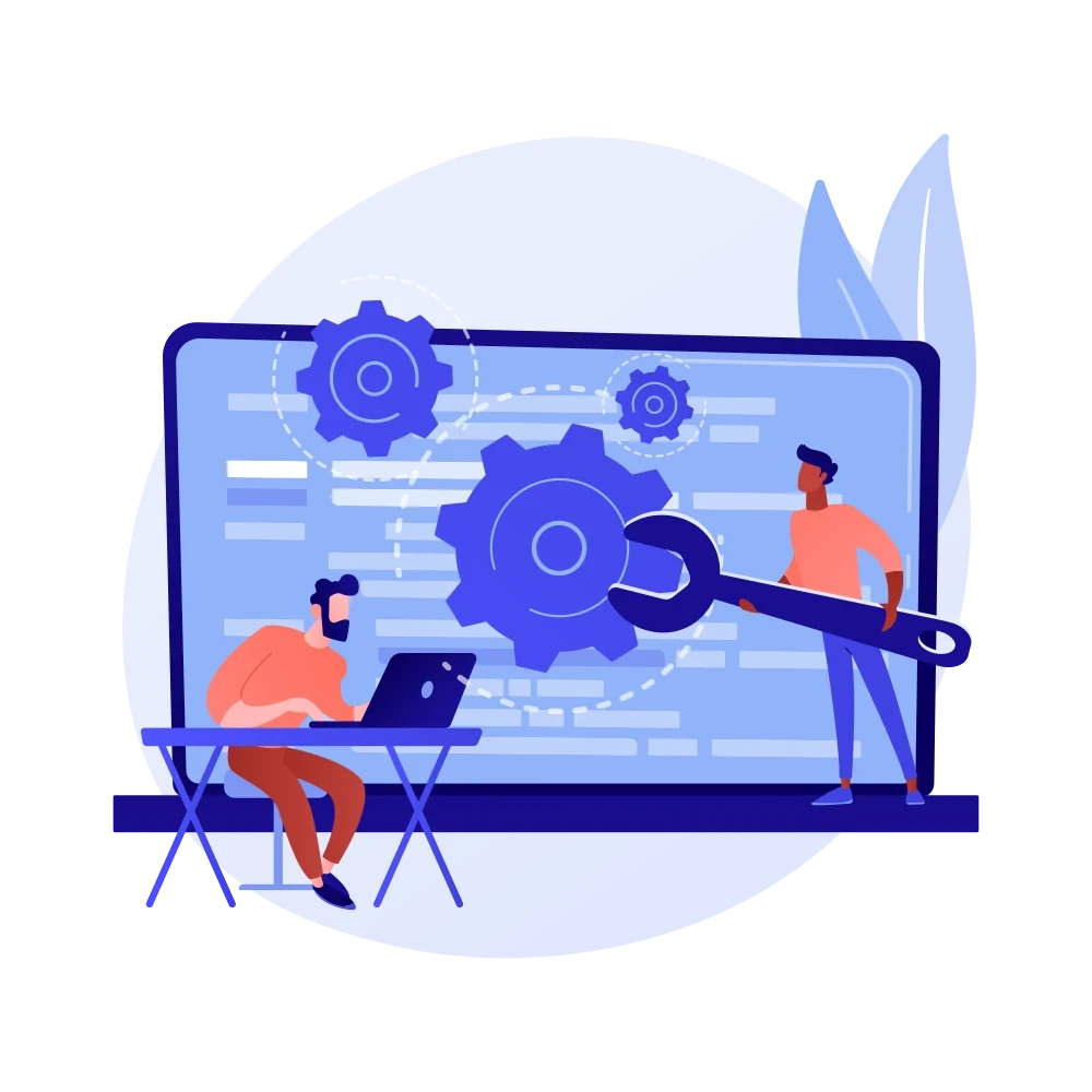 Eine Person sitzt am Laptop vor einem großen Monitor, auf dem Zahnräder und ein Schraubenschlüssel die Optimierung und technische Entwicklung von Schnittstellen und Automatisierungen darstellen.