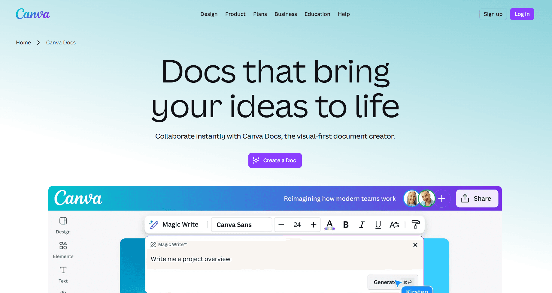 Canva Docs page featuring the headline “Docs that bring your ideas to life,” a “Create a Doc” button, and a visual editor preview with Magic Write.