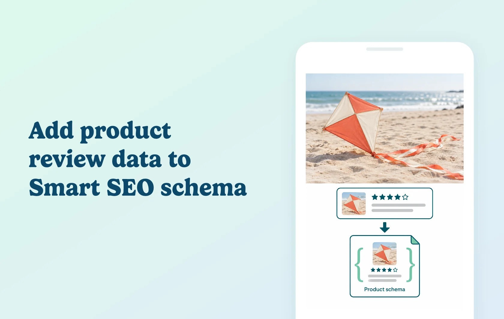 Judge.me and Smart SEO integration: illustration of a kite and its product feedback connected to structured data.