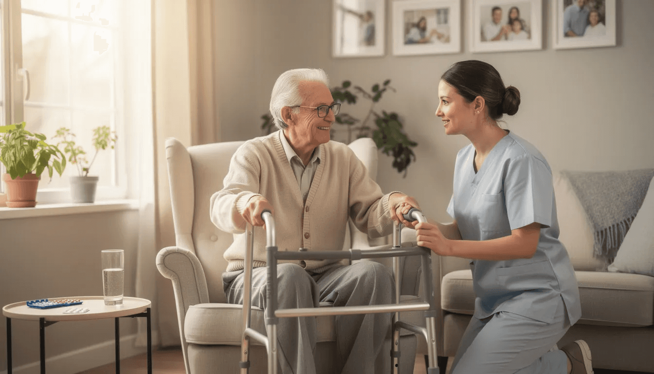 A healthcare worker is assisting an elderly man with daily activities in a comfortable home setting, highlighting the importance of long term care services for older adults. This scene emphasizes the need for financial planning and understanding various long term care insurance options to support daily living and care received.