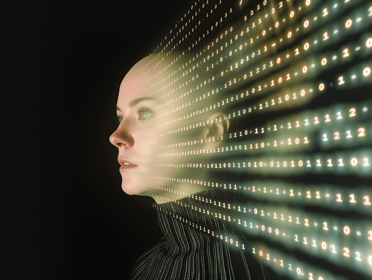 A profile of a woman's face superimposed with glowing binary code.