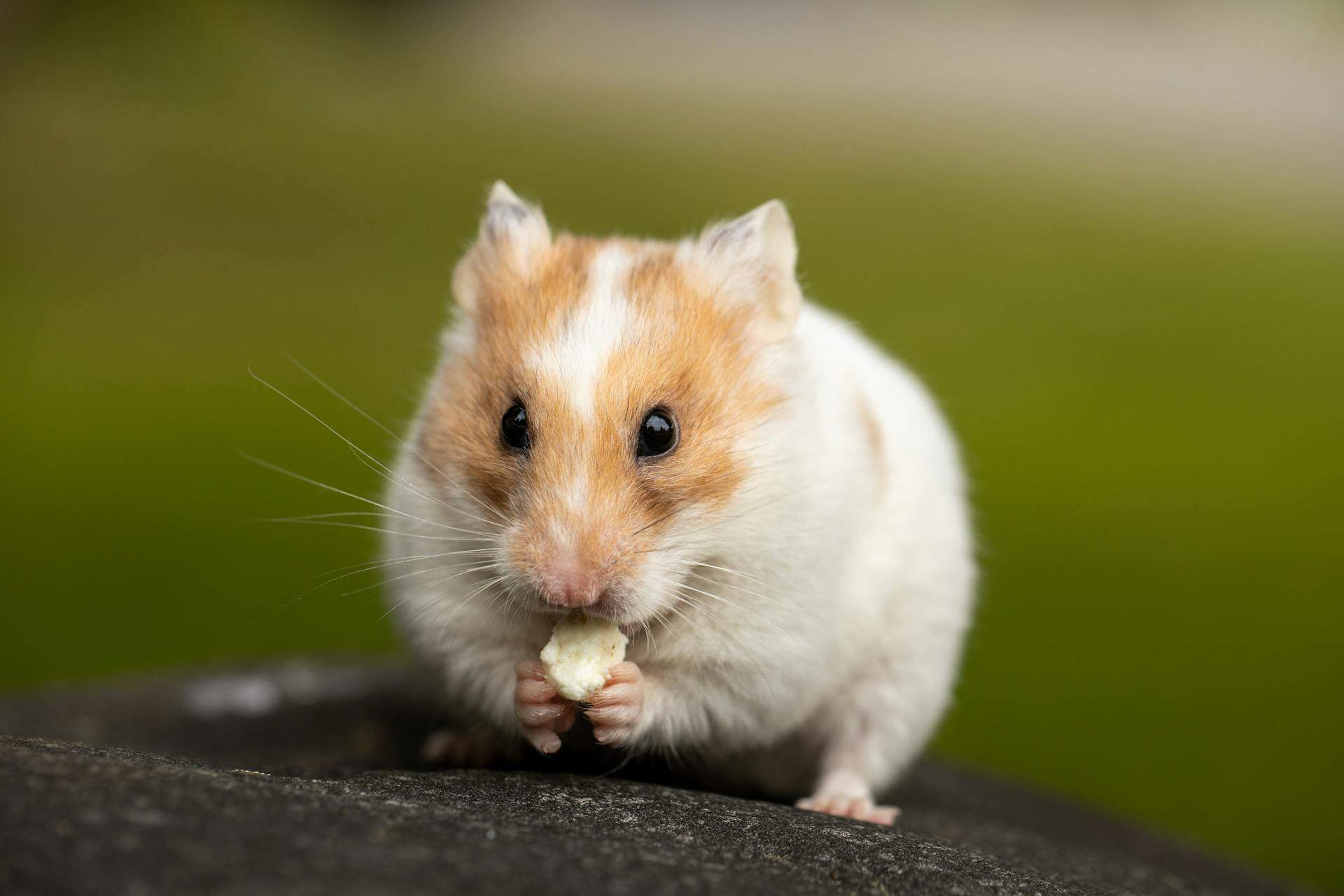 A hamster sits peacefully while eating a small treat from her owner