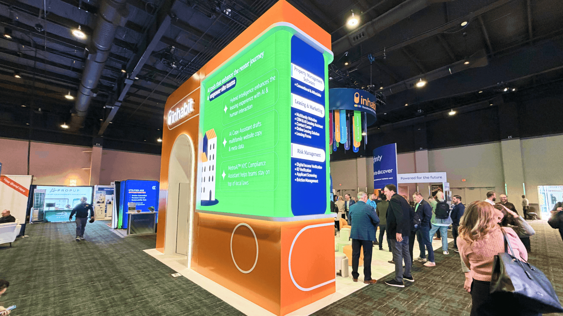 AVB Expo furniture booth layout with clear visitor walking path, showroom product zones, meeting area, and buyer conversation space