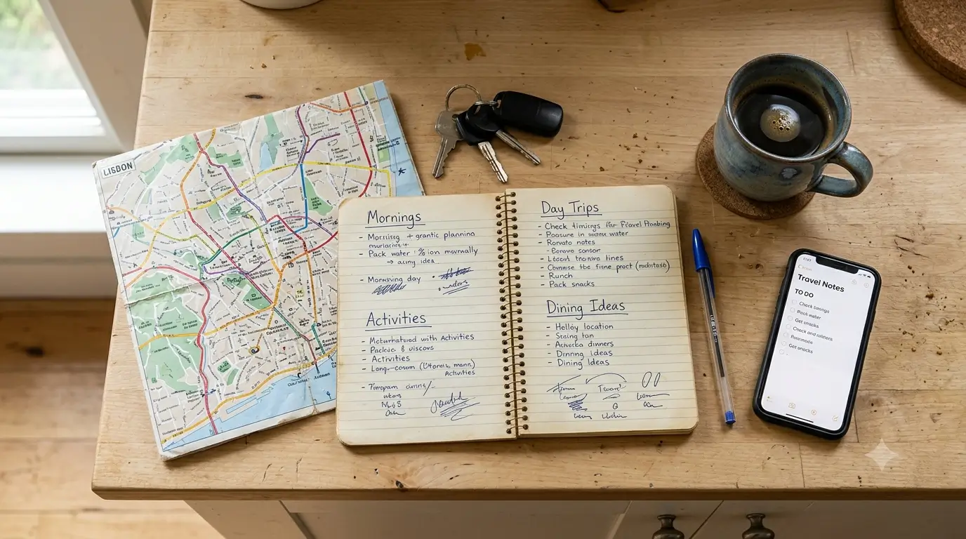 A host's handwritten shortlist of activities on a rental kitchen counter beside a map, keys and a phone.