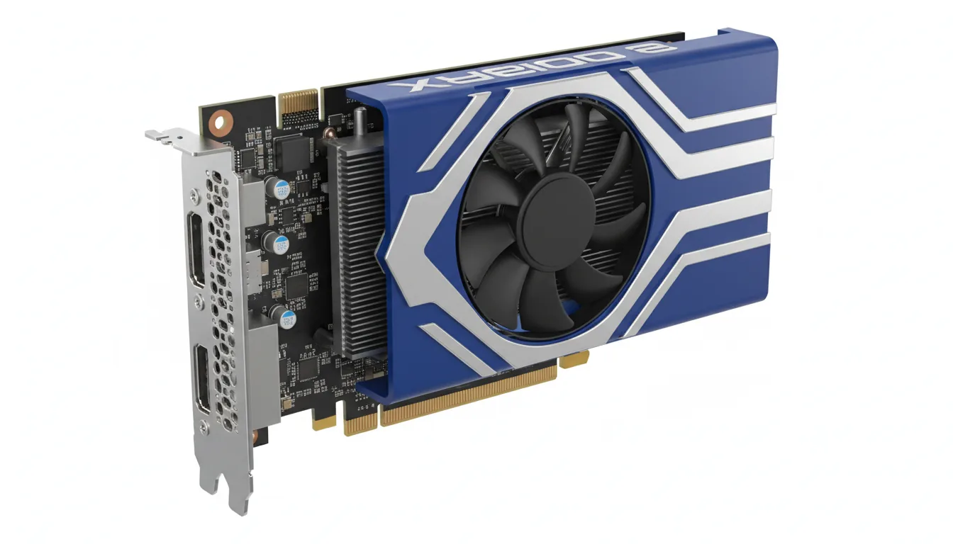 3D product render of a modern, professional, single-slot workstation graphics card, angled view. The GPU has a vibrant royal blue shroud with sleek silver geometric accents and a central black cooling fan. The underlying PCB is visible, showing detailed electronic components and a black heatsink. A brushed metal I/O bracket on the left features two video output ports. Blender style, clean and photorealistic with soft global illumination on a pure white, seamless studio backdrop.