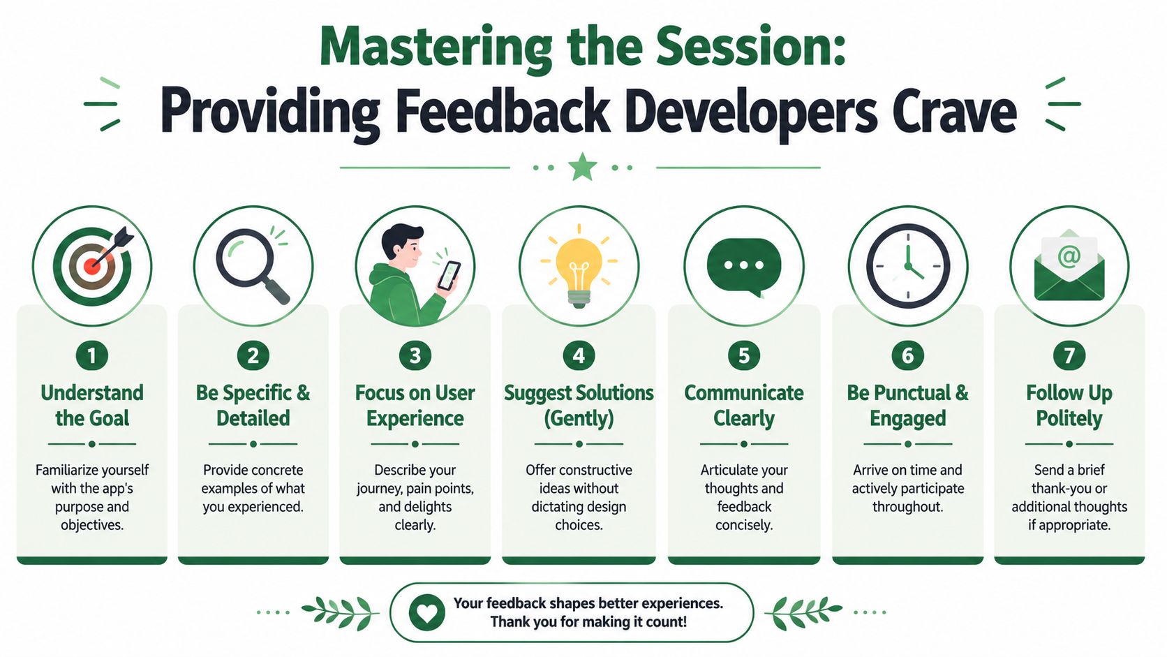 An infographic titled Mastering the Session, detailing seven steps for providing effective feedback to app developers.