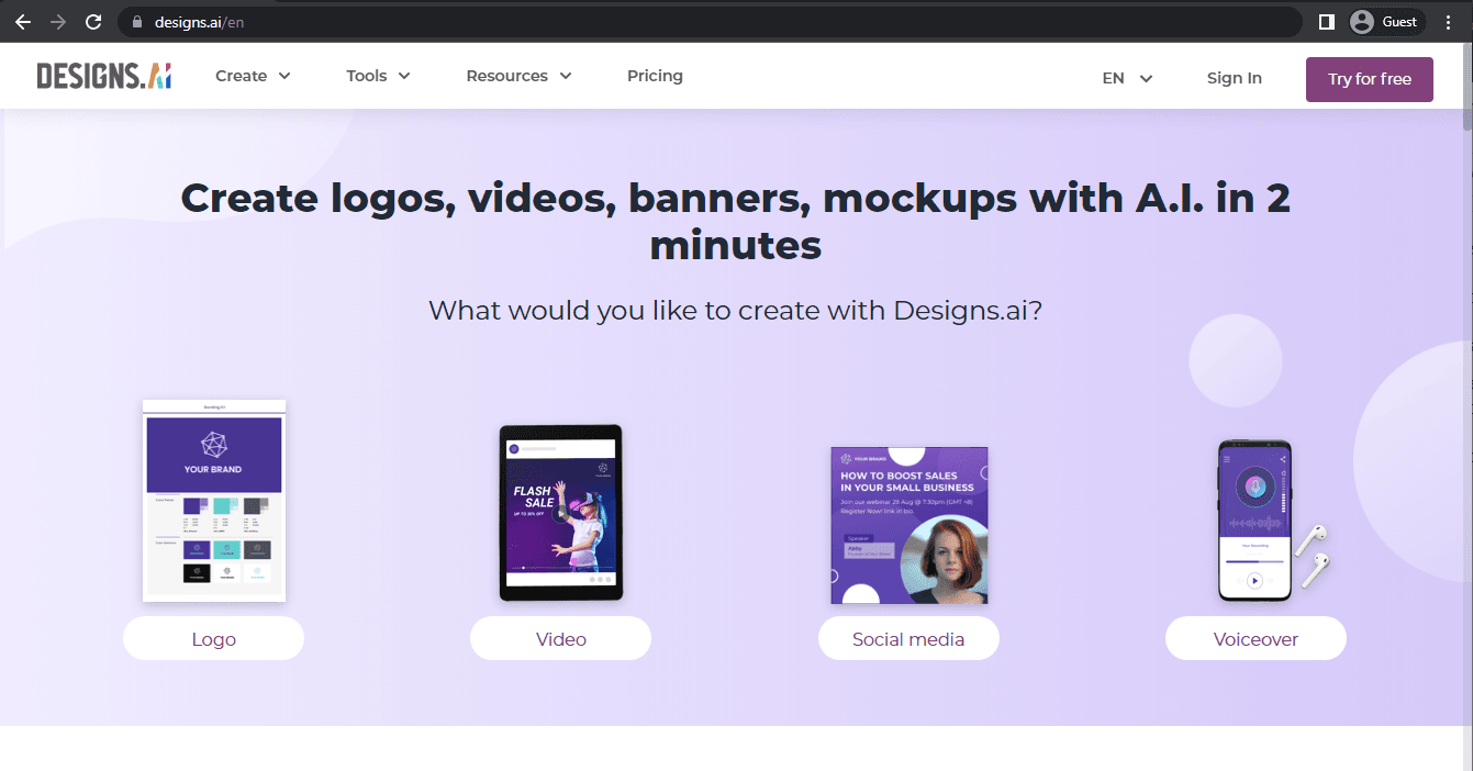 designs.ai landing page