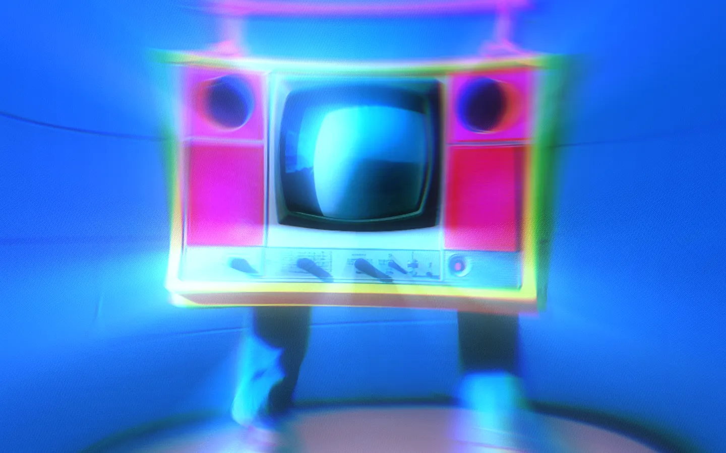 Retro television set distorted with a colorful, glitchy chromatic aberration effect.