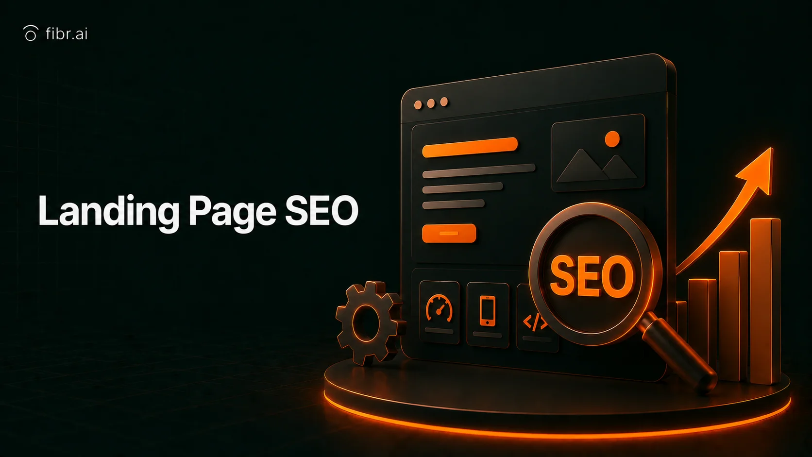 Landing page SEO illustration featuring keyword optimization, meta tags, page speed, mobile responsiveness, internal linking, and search engine ranking improvements.