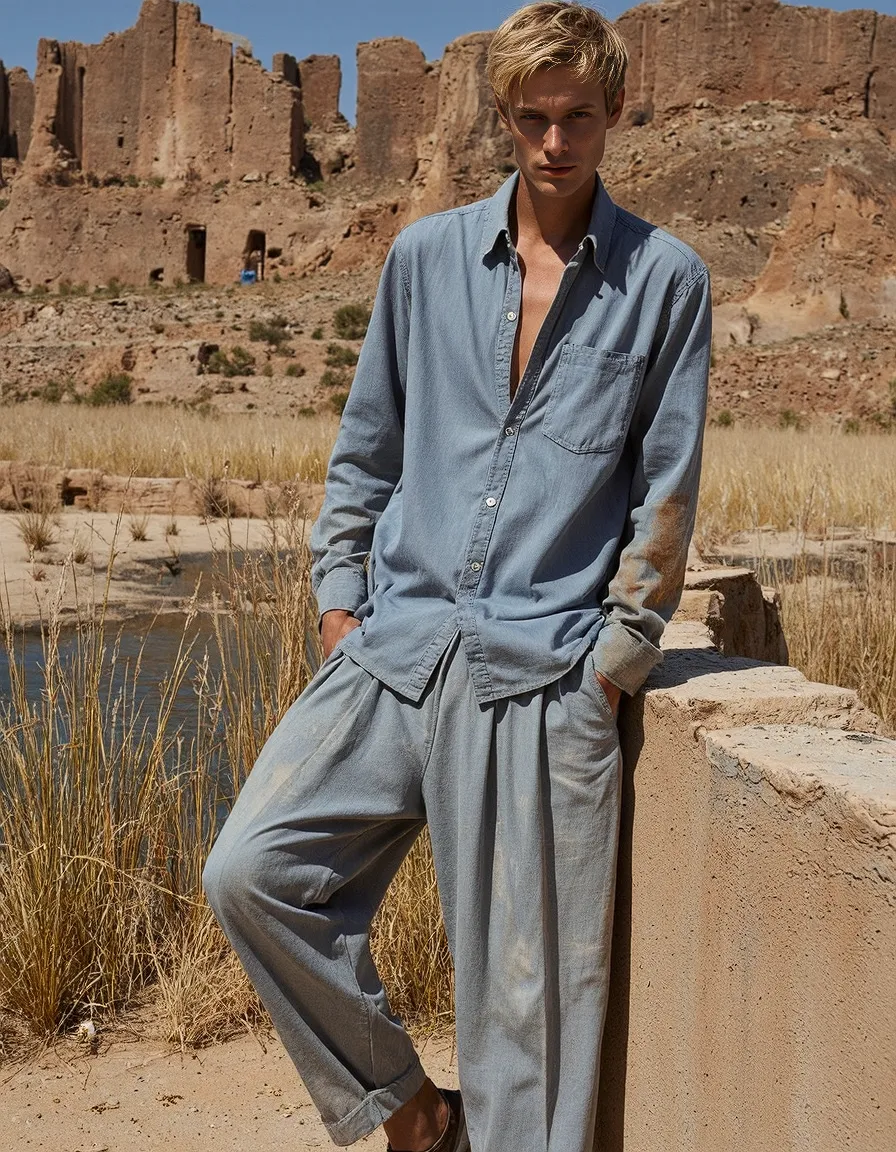 Fashion photograph featuring blue linen outfit against dramatic desert landscape with ancient rock formations and golden grasses