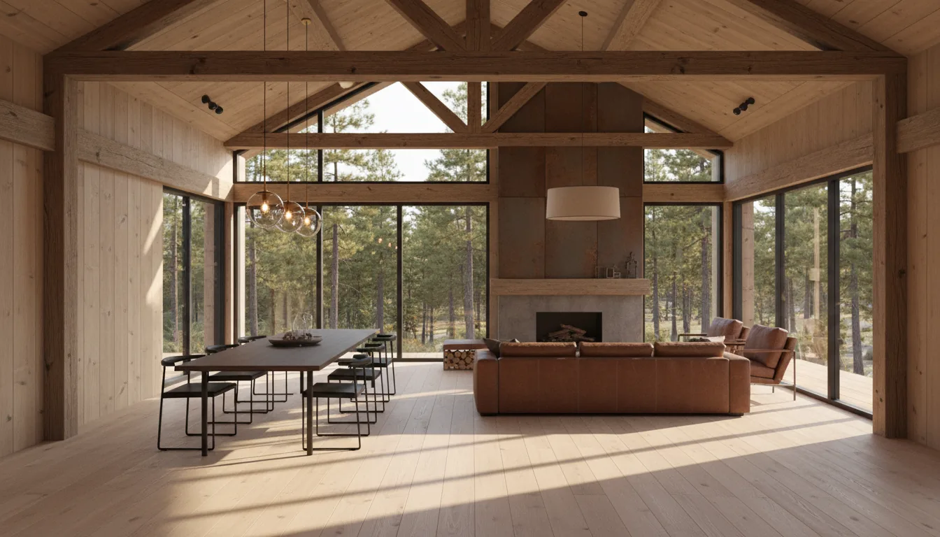 Photorealistic architectural visualization of a modern rustic cabin interior, Unreal Engine 5 render, cinematic style. The open-plan living and dining room features an exposed wood beam ceiling, light wood plank floors, and wood-paneled walls. A long, dark wood dining table with minimalist black chairs sits in the foreground. In the background is a living area with a brown leather sofa and a concrete fireplace with corten steel accents. Expansive floor-to-ceiling windows showcase a dense, sunlit pine forest outside. The scene is lit by natural afternoon daylight streaming through the windows, creating strong, soft shadows on the floor, complemented by warm interior pendant lights. Soft global illumination.