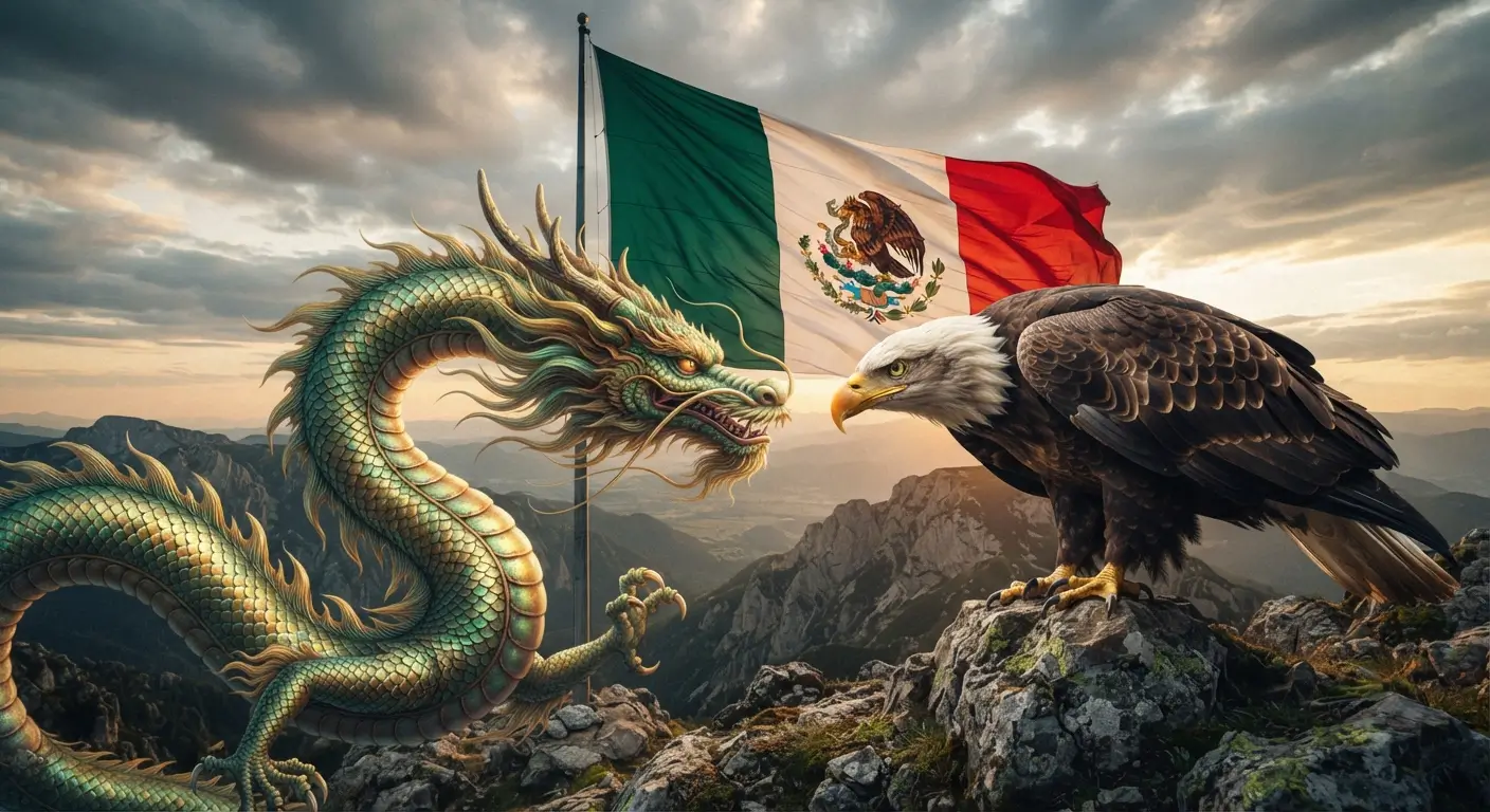 Mexican flag with a dragon and bald eagle facing each other over a mountainous landscape.