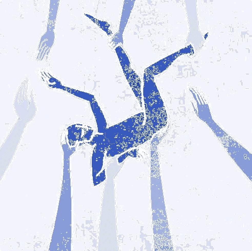 Person falling, supported by hands. Abstract art, trust concept.