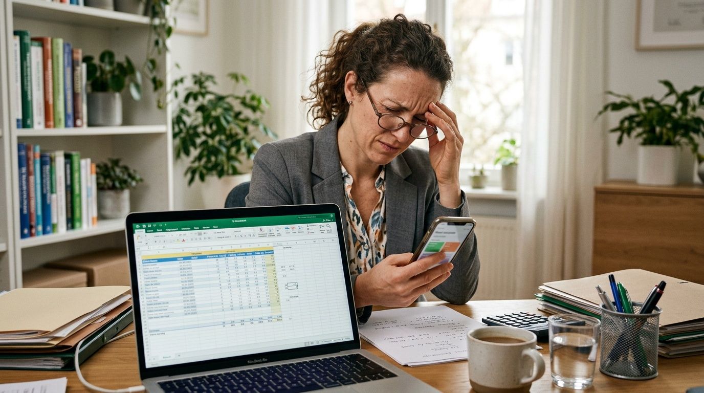 A woman looks stressed while managing spreadsheets on a laptop and checking a mobile app at her desk.