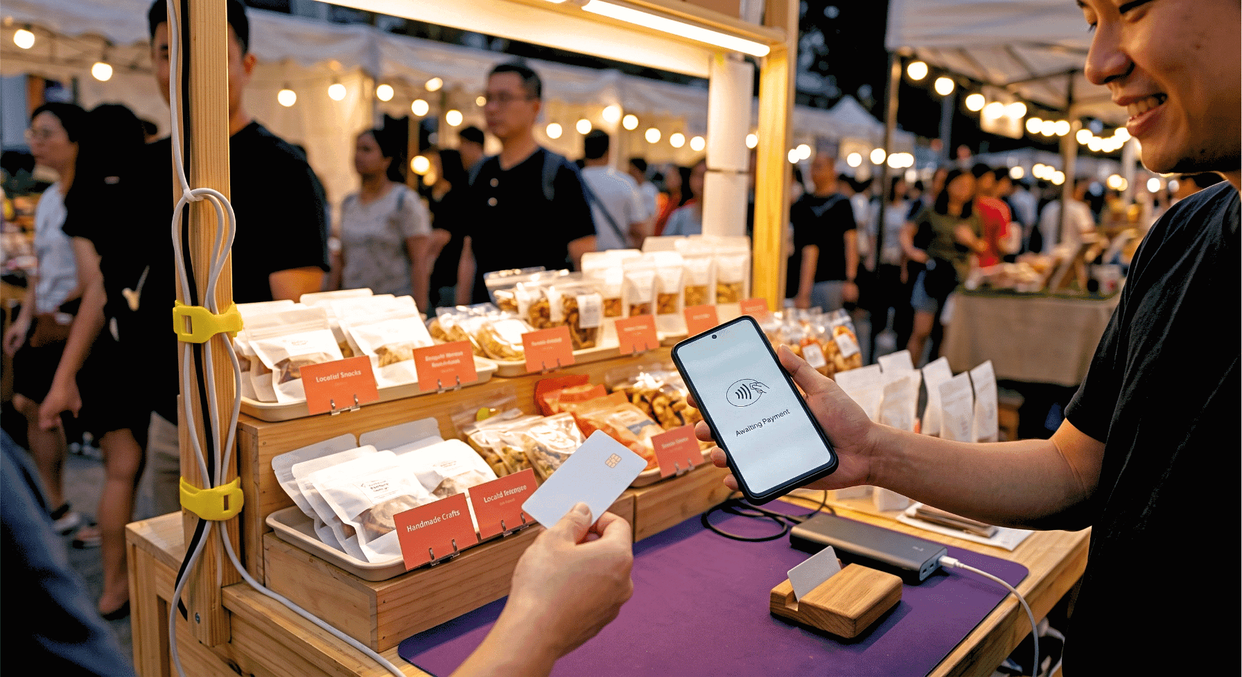 Payment solutions for event vendors in Singapore shown with a phone-based card payment setup at a bazaar booth