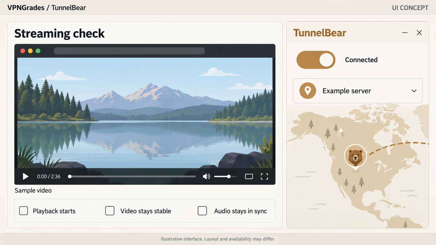 TunnelBear: a streaming test layout concept (illustration).