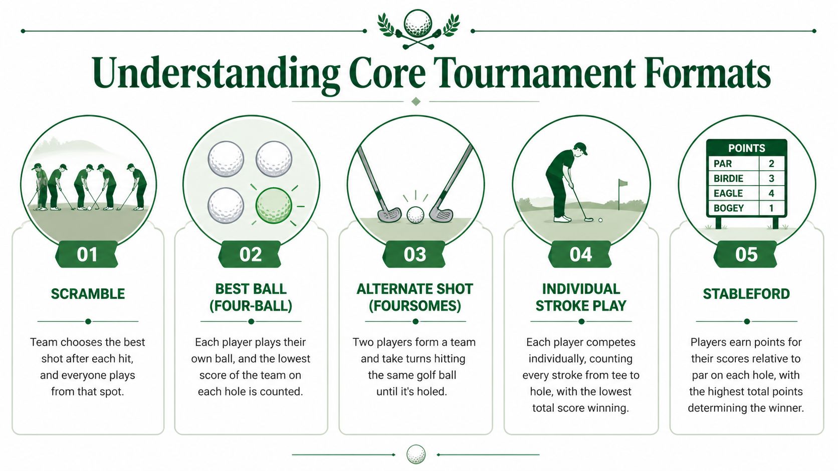 An infographic titled Understanding Core Tournament Formats displaying five popular golf game styles and their rules.