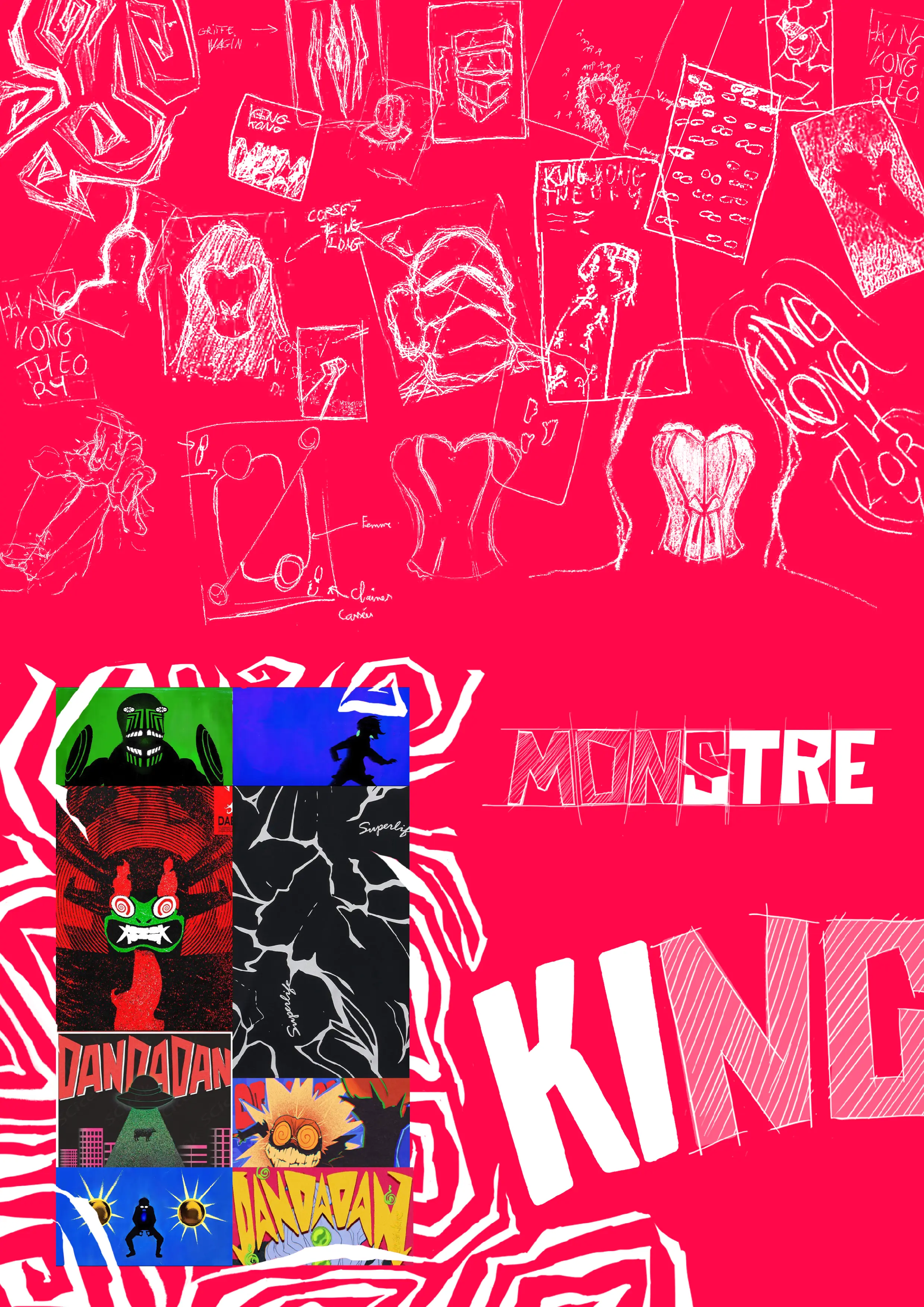 Bright pink moodboard collage with white sketches, poster experiments, references, and graphic inspirations gathered for the King Kong Théorie visual identity.