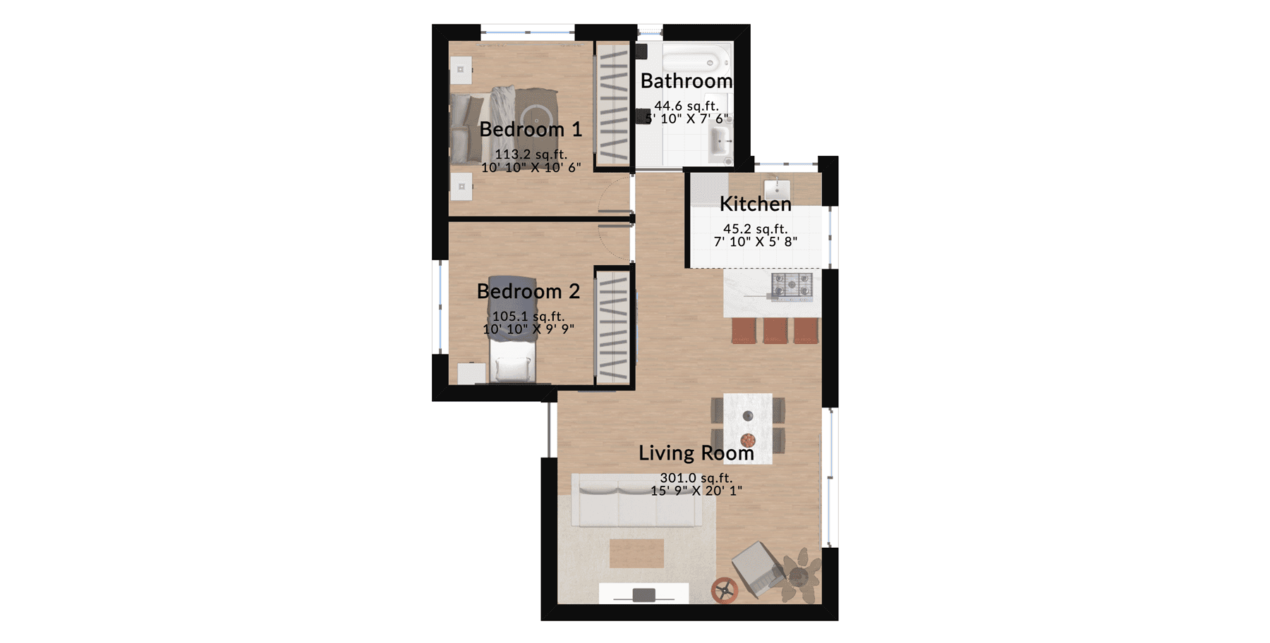 Furnished floor plan of an elegant two-bedroom apartment, showcasing furniture arrangement for living areas, bedrooms, and kitchen.