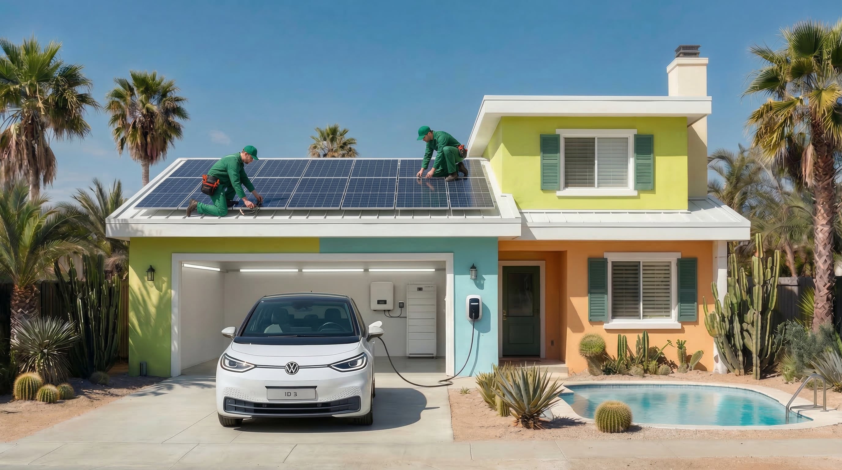 Solar Energy System. Solar Panels, Home battery, EV Charger, Solar Pool pump