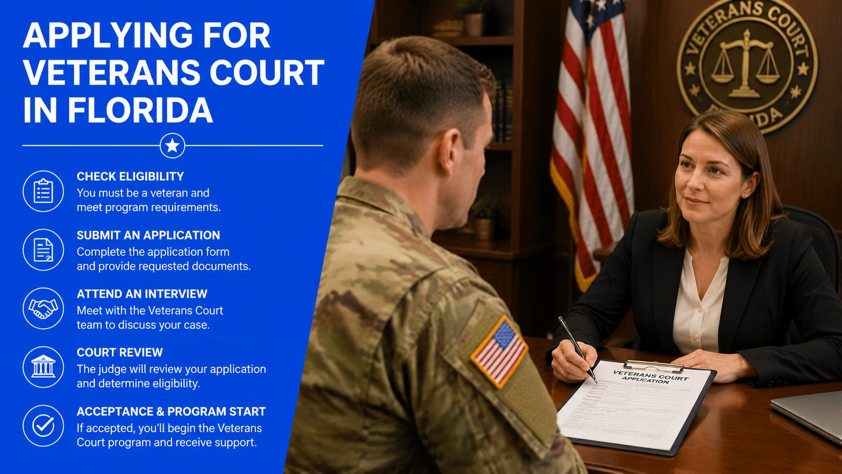 A person in military uniform meets with an official to discuss the Veterans Court application process in Florida.