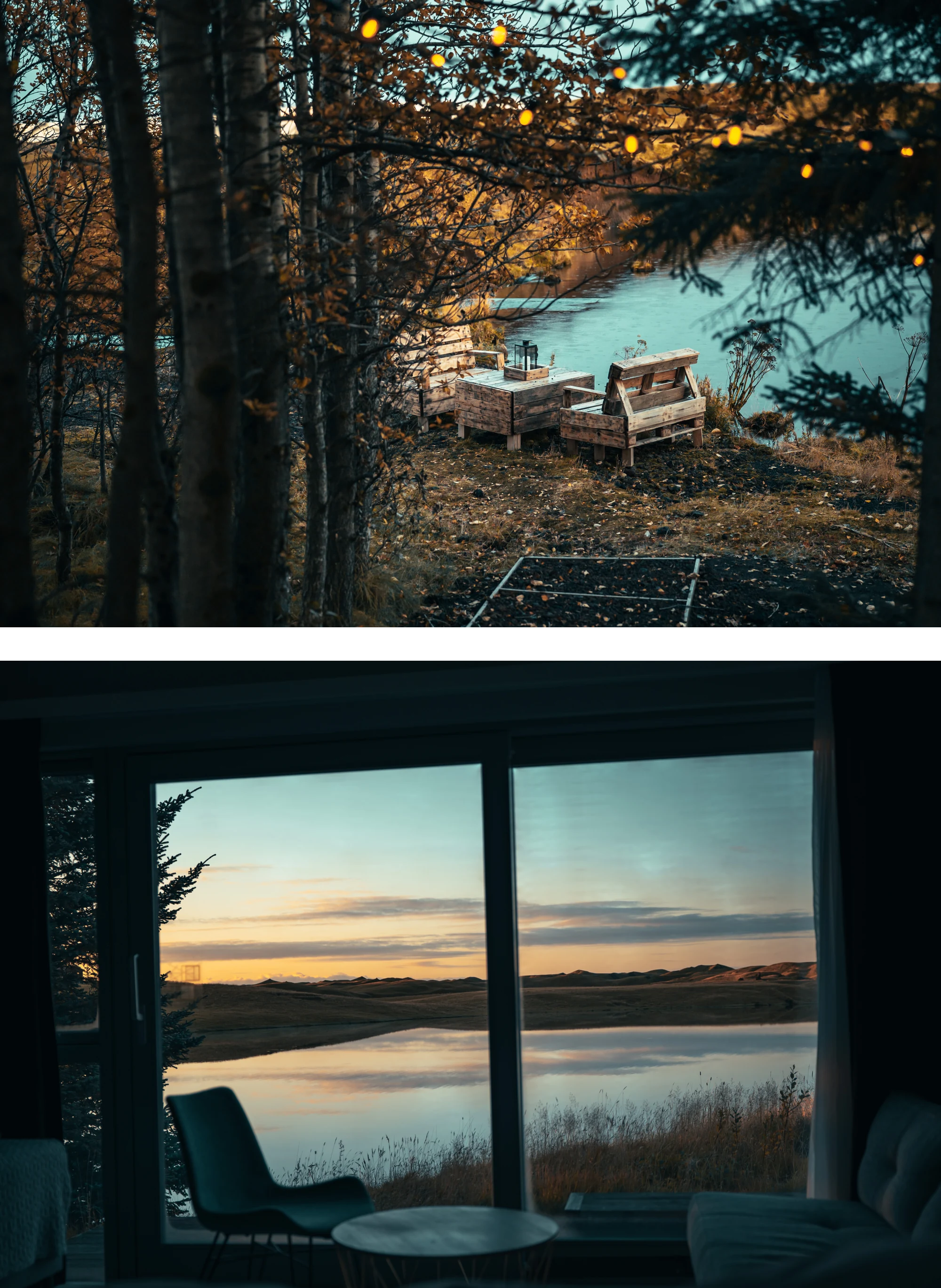 String lights through autumn trees above timber seats by the lake at Magma, and a sunset over the lake seen through a cabin's floor-to-ceiling windows