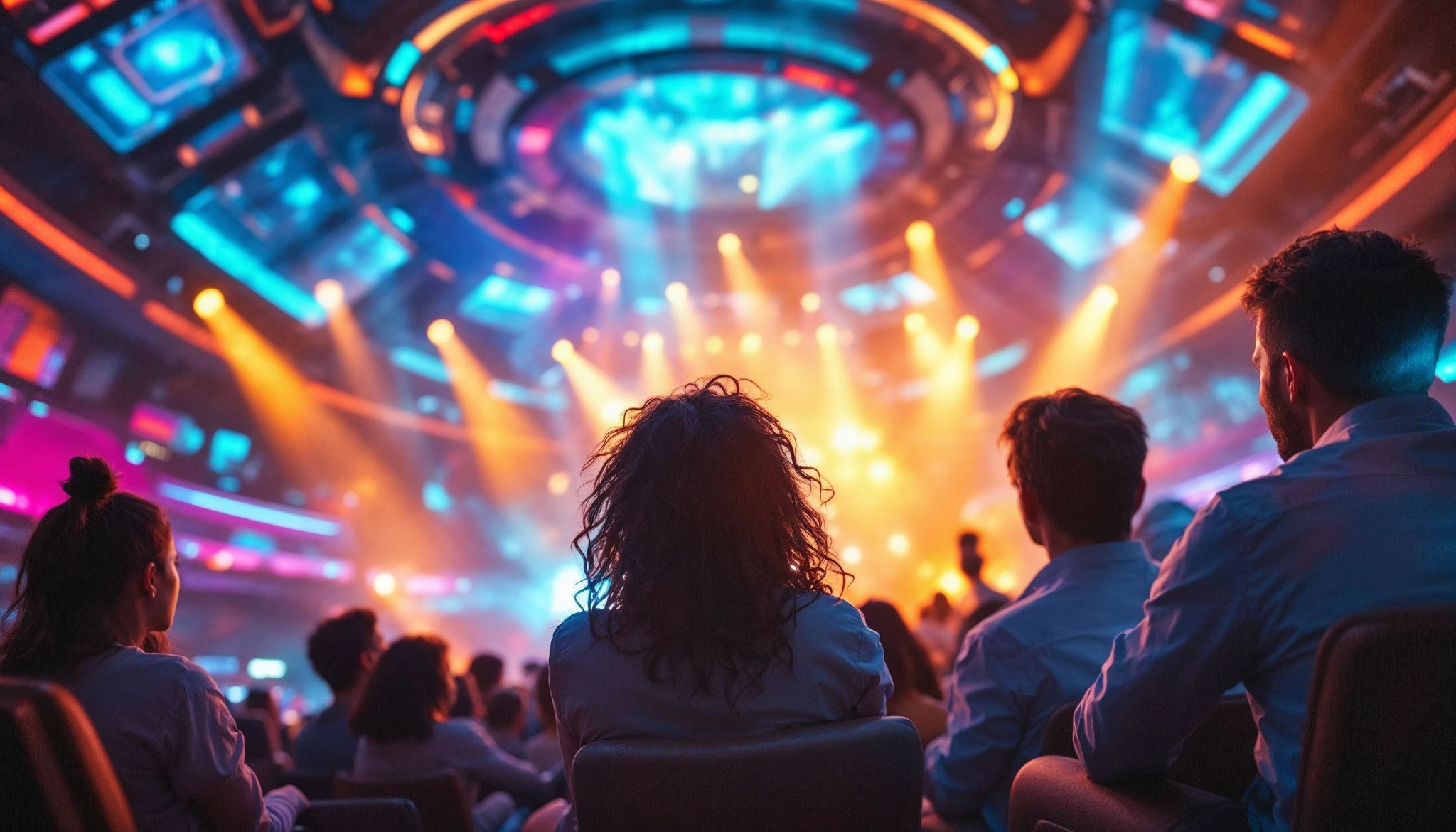 A vibrant concert scene with a large crowd facing a stage. Colorful lights illuminate the circular venue, creating a dynamic atmosphere. Silhouettes of attendees are visible in the foreground, adding to the lively ambiance.