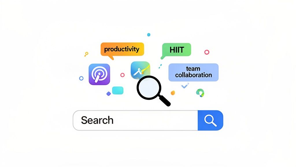 A visual representing an app search interface with various topics and app icons.