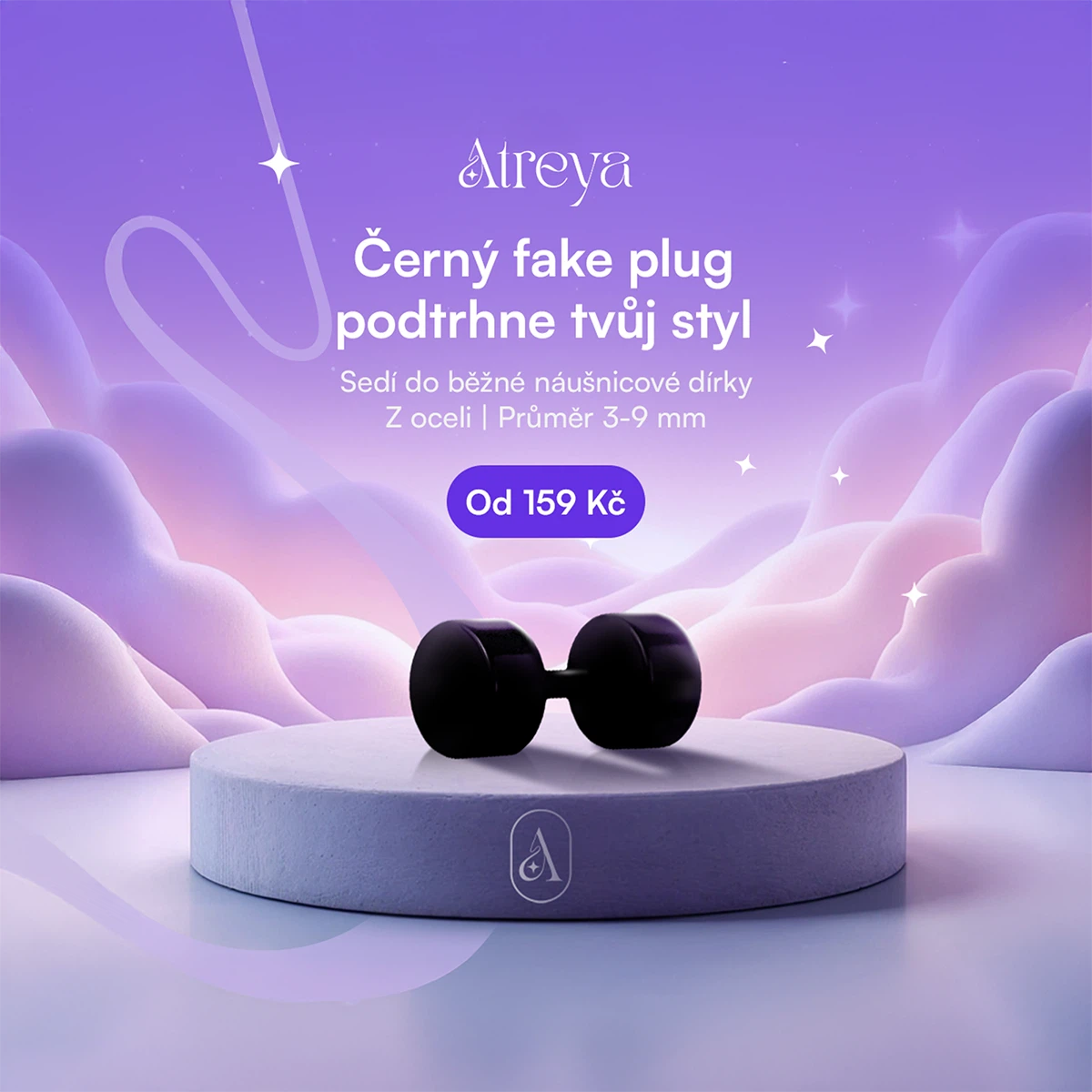 A black steel fake plug displayed on a purple platform in a dreamy scene.