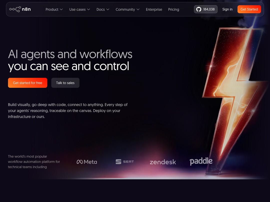 AI agents and workflows promotion with a large lightning bolt graphic.