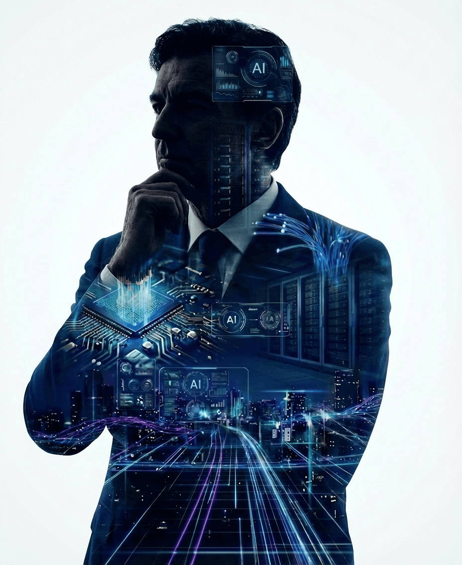 Professional working with focus and precision, representing AI-native advisory services that turn human expertise into scalable performance.