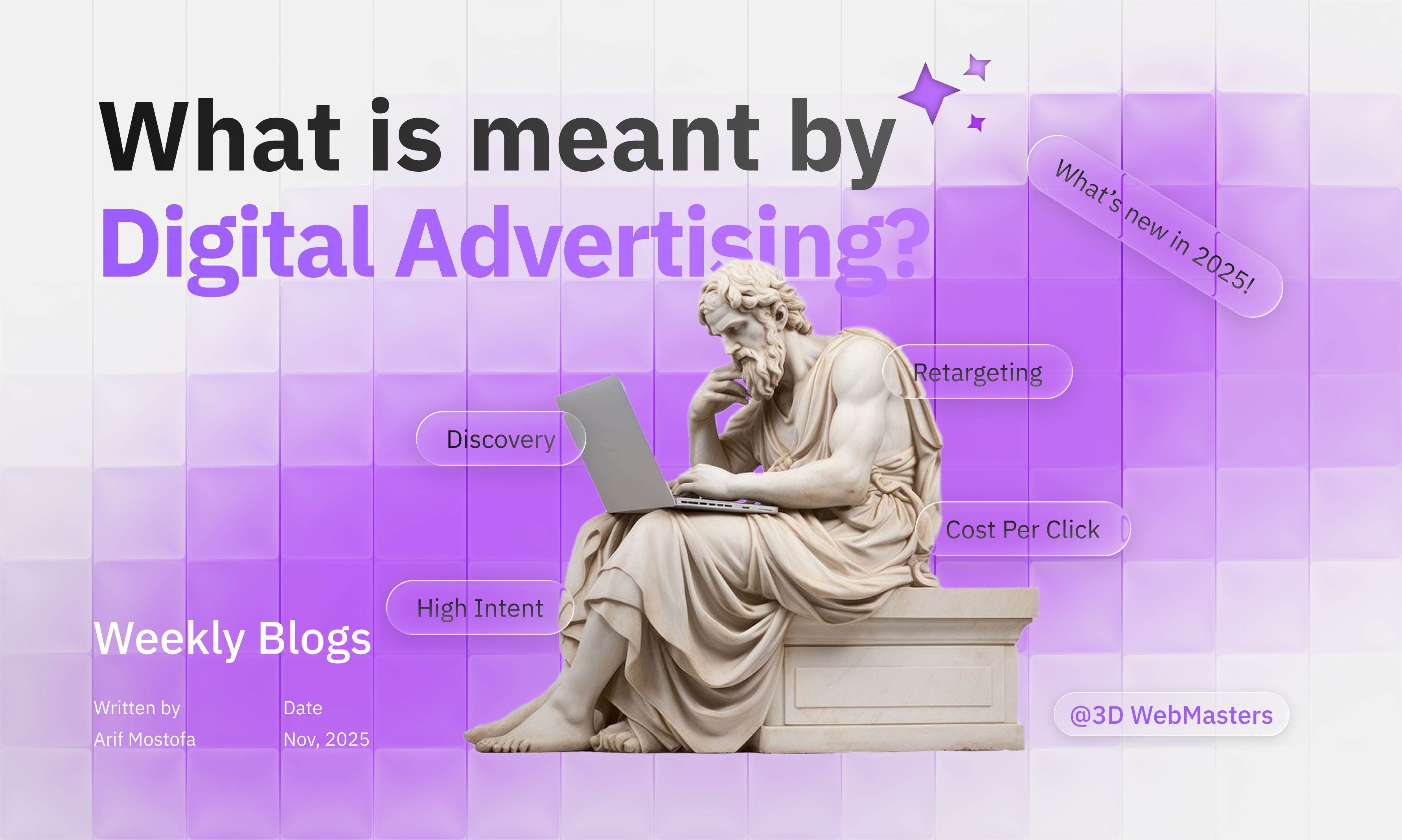 Purple banner asking “What is meant by Digital Advertising?” with a thinking statue on a laptop and bubbles: Discovery, Retargeting, Cost Per Click.