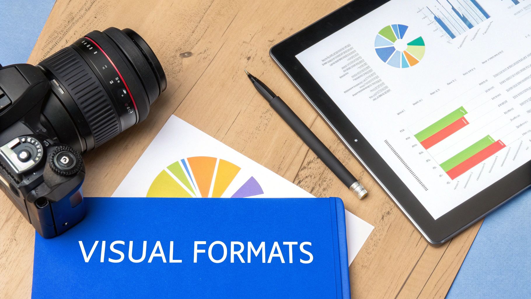 A collection of various visual media like photos, charts, and video clips arranged creatively