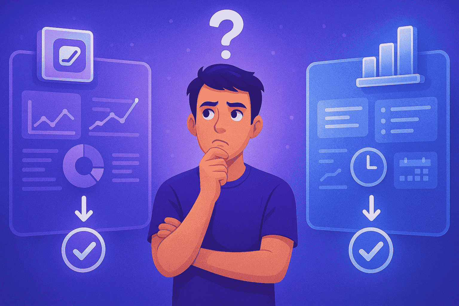 Illustration of a man thinking between two digital monitoring dashboards, representing a comparison of time tracking, productivity insights, and work scheduling systems.