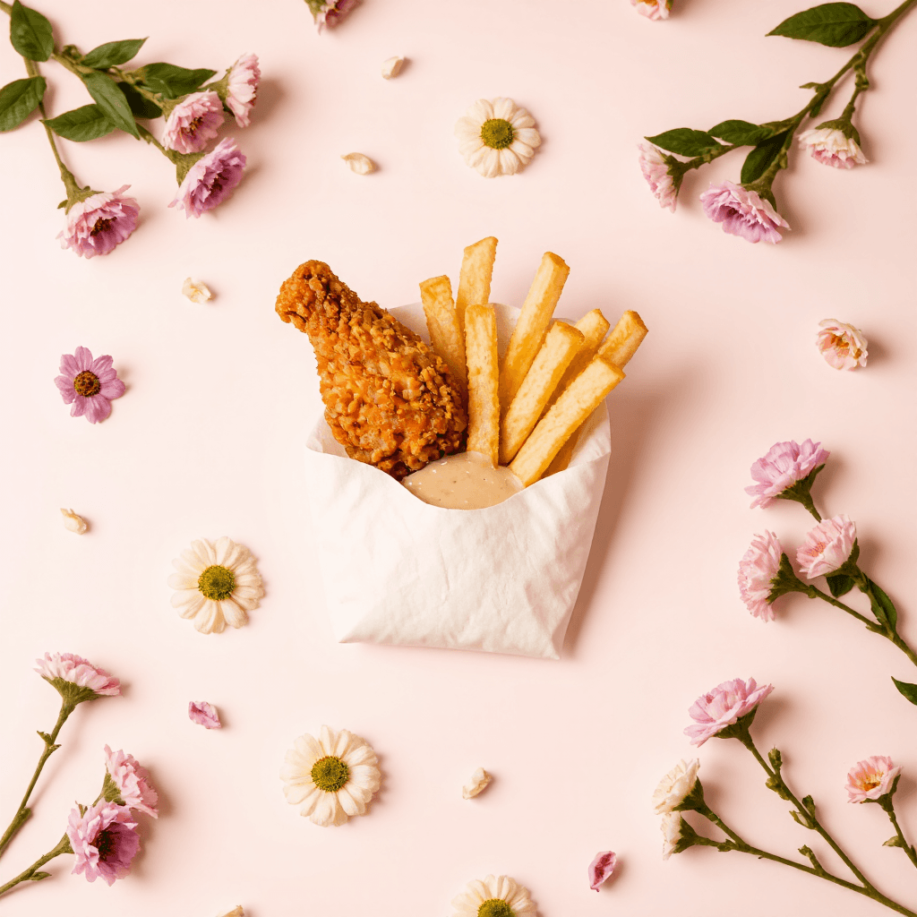 product photography of fried chicken and fries with dipping sauce