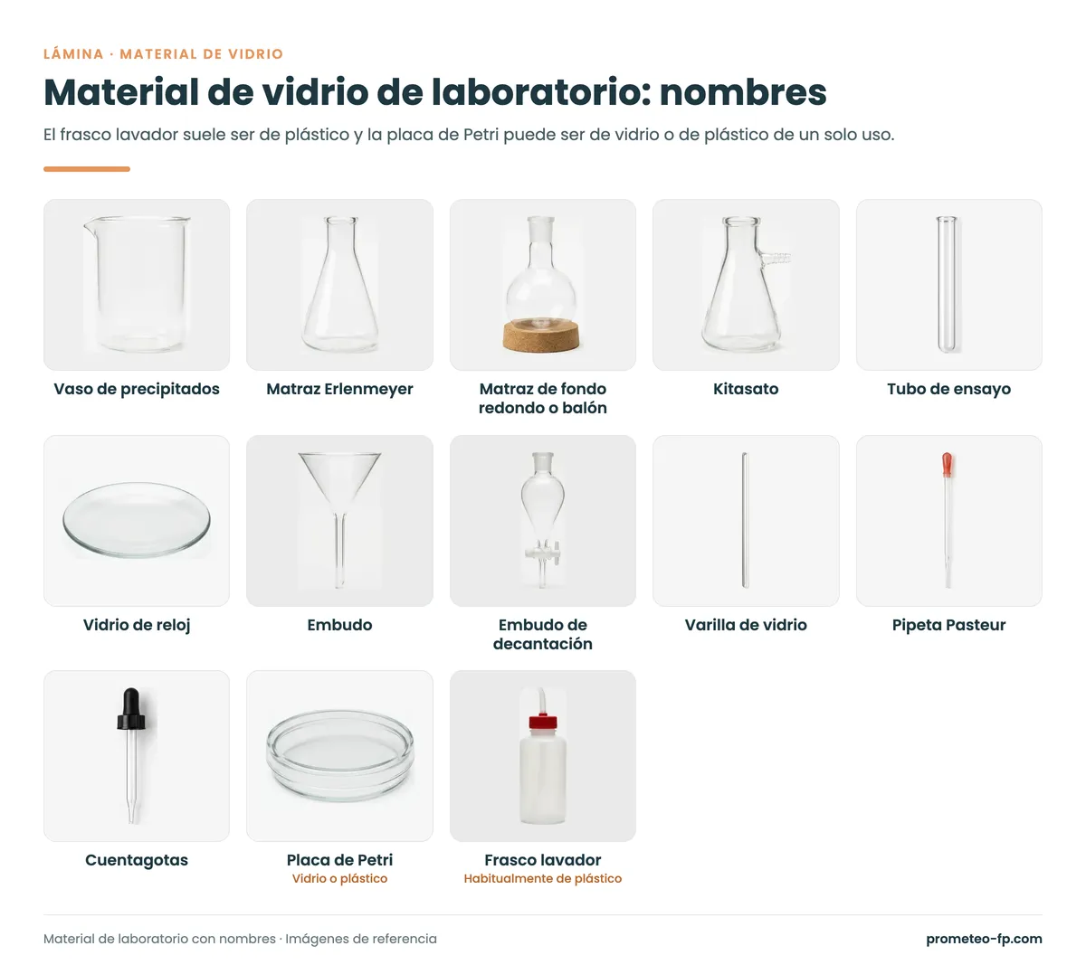 Material de vidrio de laboratorio con nombres: vaso de precipitados, matraz Erlenmeyer, kitasato, tubo de ensayo y embudo