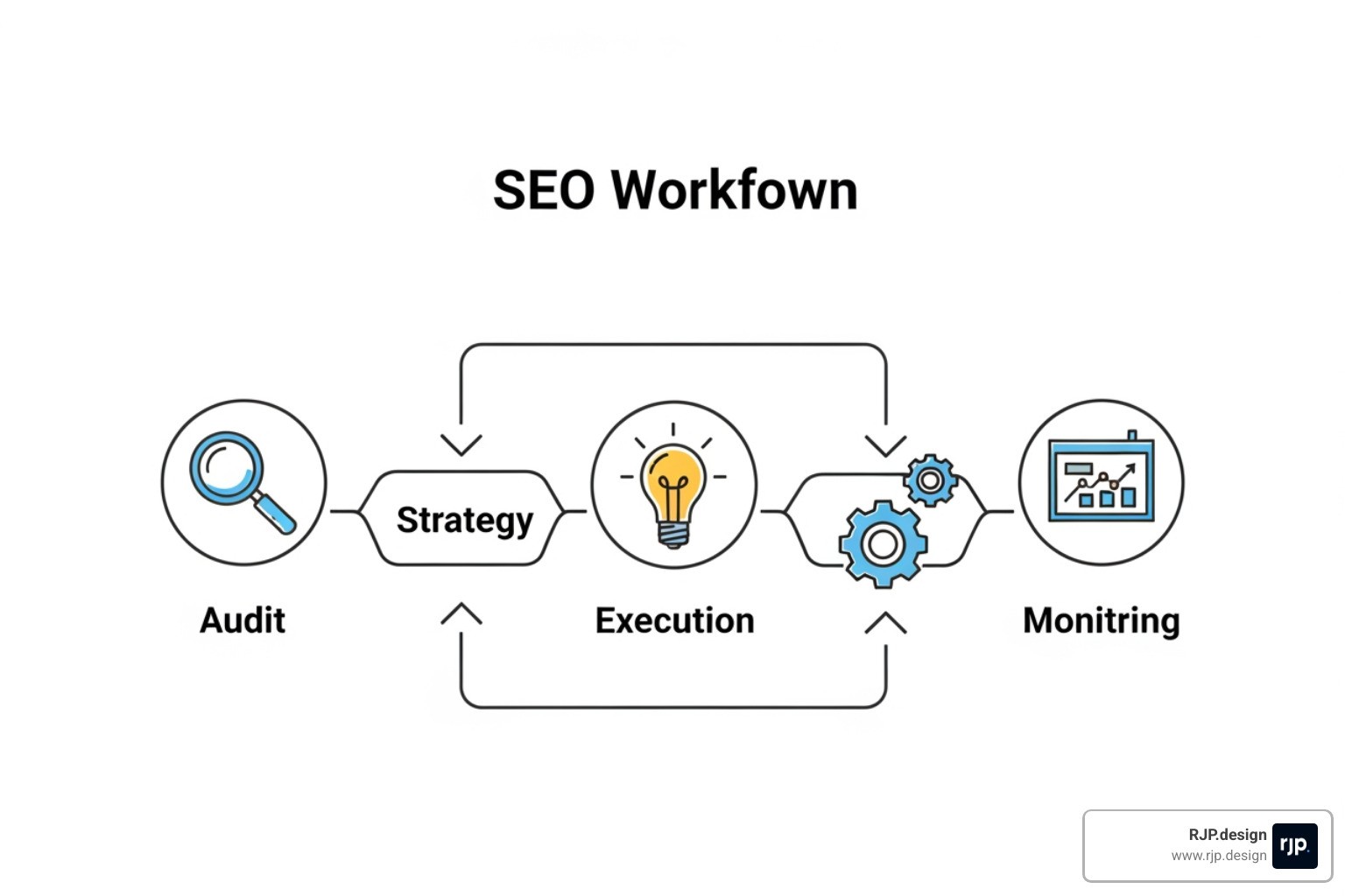 Diagram of the SEO workflow: Audit, Strategy, Execution, and Monitoring