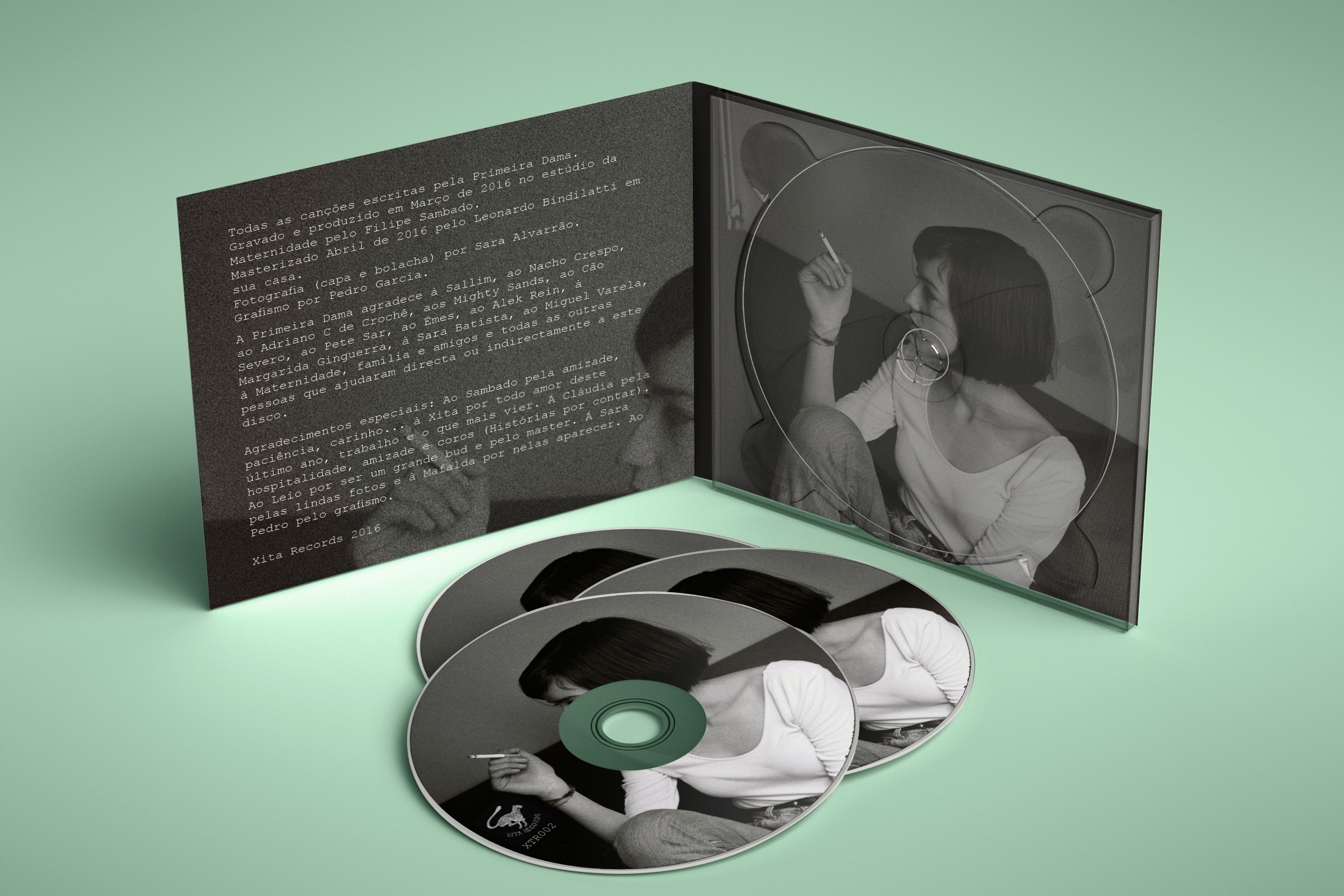 CD packaging and album artwork design for Primeira Dama featuring black and white photography and minimalist editorial layout.