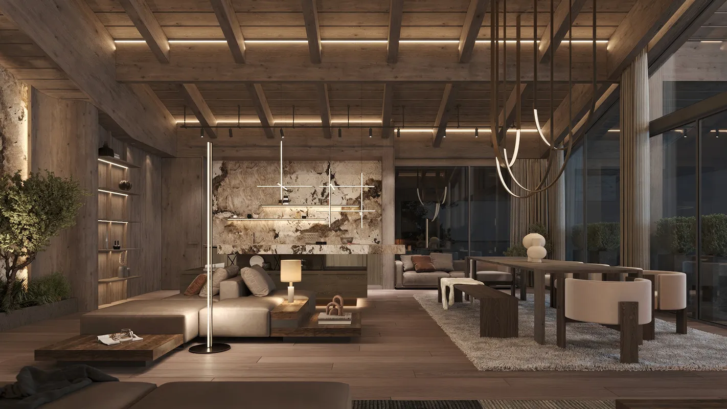 Peakside Chalets Cyprus open-plan living and dining area with timber ceiling beams, sculptural lighting, and warm natural finishes